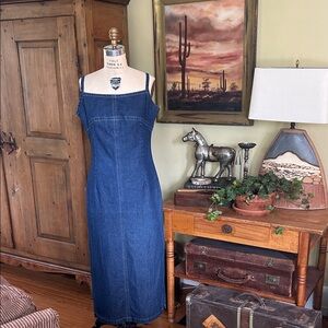 VINTAGE 90s Denim Maxi Dress Square Neck Side Slits